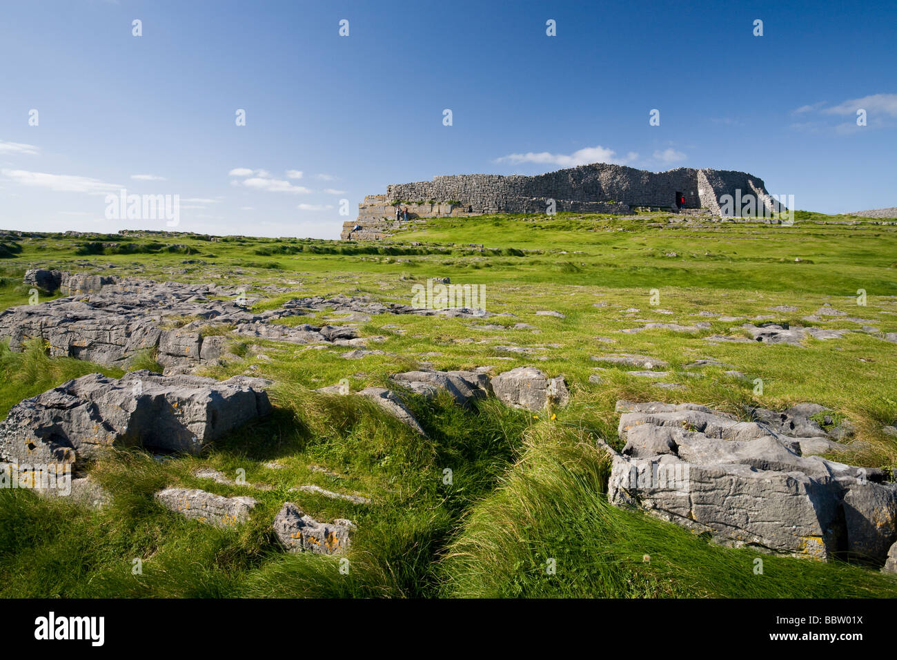 The fort at Dun Angus. The ancient fort on Innishmore with the green grass and rocks from which it was hewn in the foreground. Stock Photo