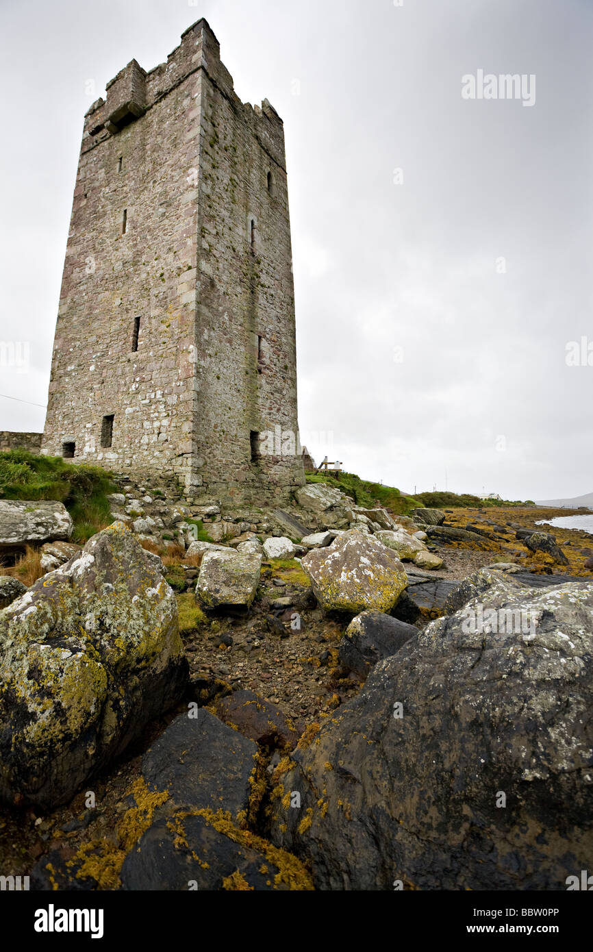Grace O'Mally's Tower House rising from the Rocks. Rising from the tidal rocks this formidable fortress guarded Achill Sound Stock Photo
