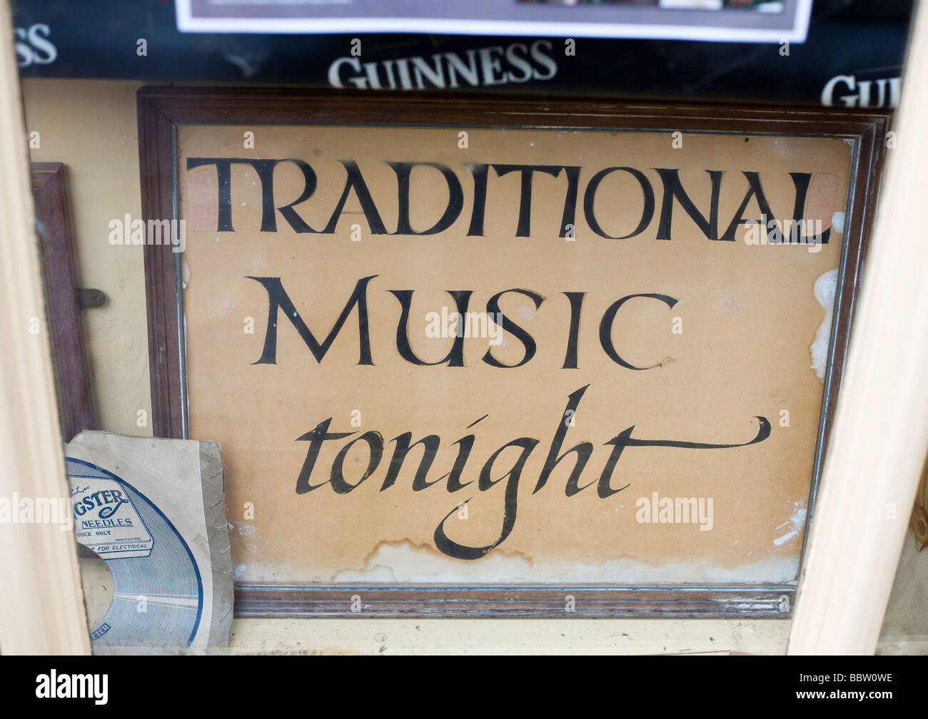 Traditional Music Tonight. Sign in window of Westport Ireland Pub The