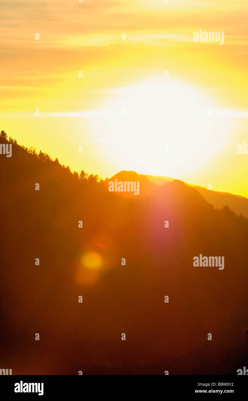 Sunset with Lens Flare over Chimney Tops from Morton s Overlook in Great Smoky Mountains National Park Tennessee Stock Photo