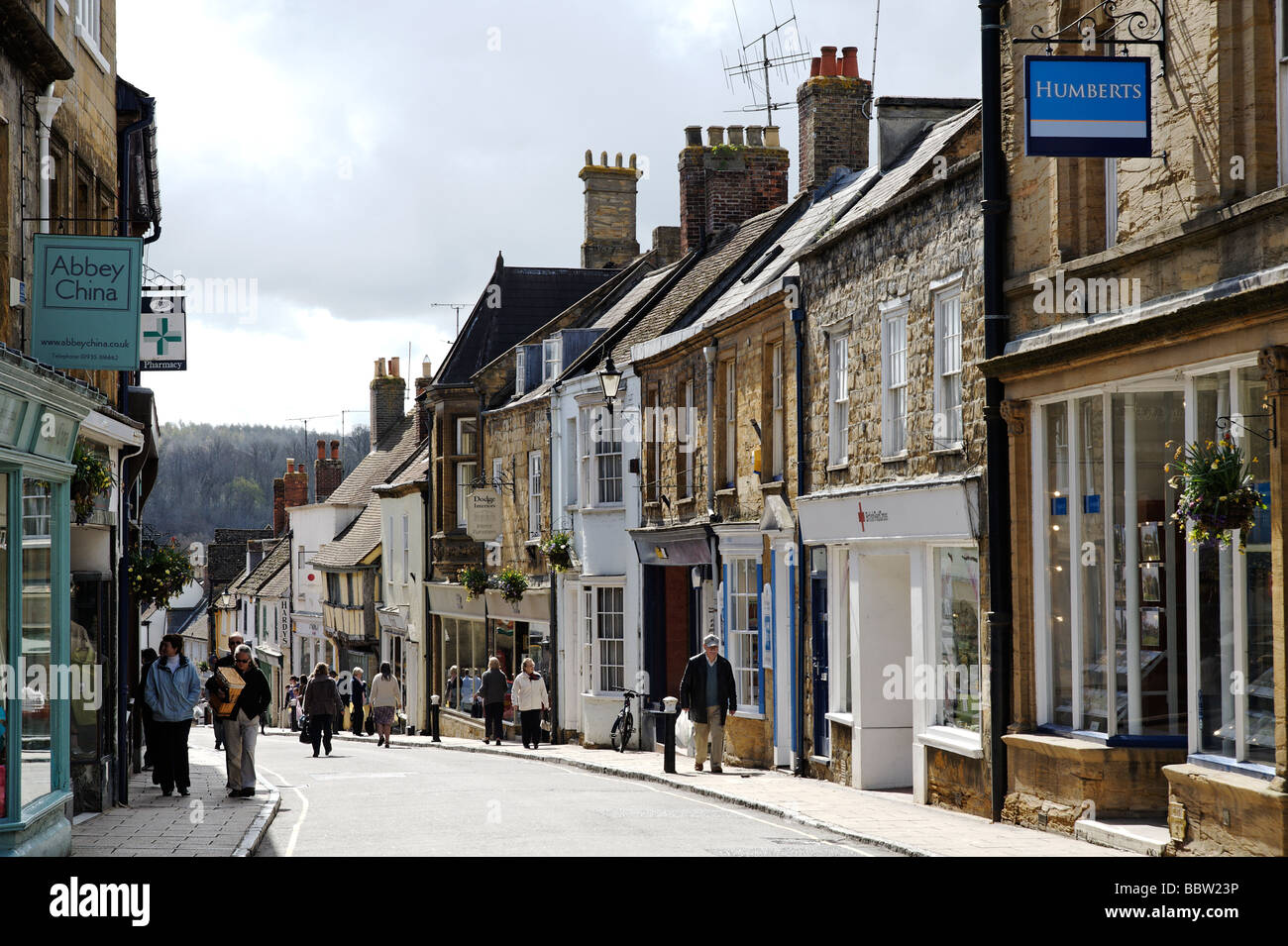 View of Cheap St high street in Sherborne Dorset South West England UK