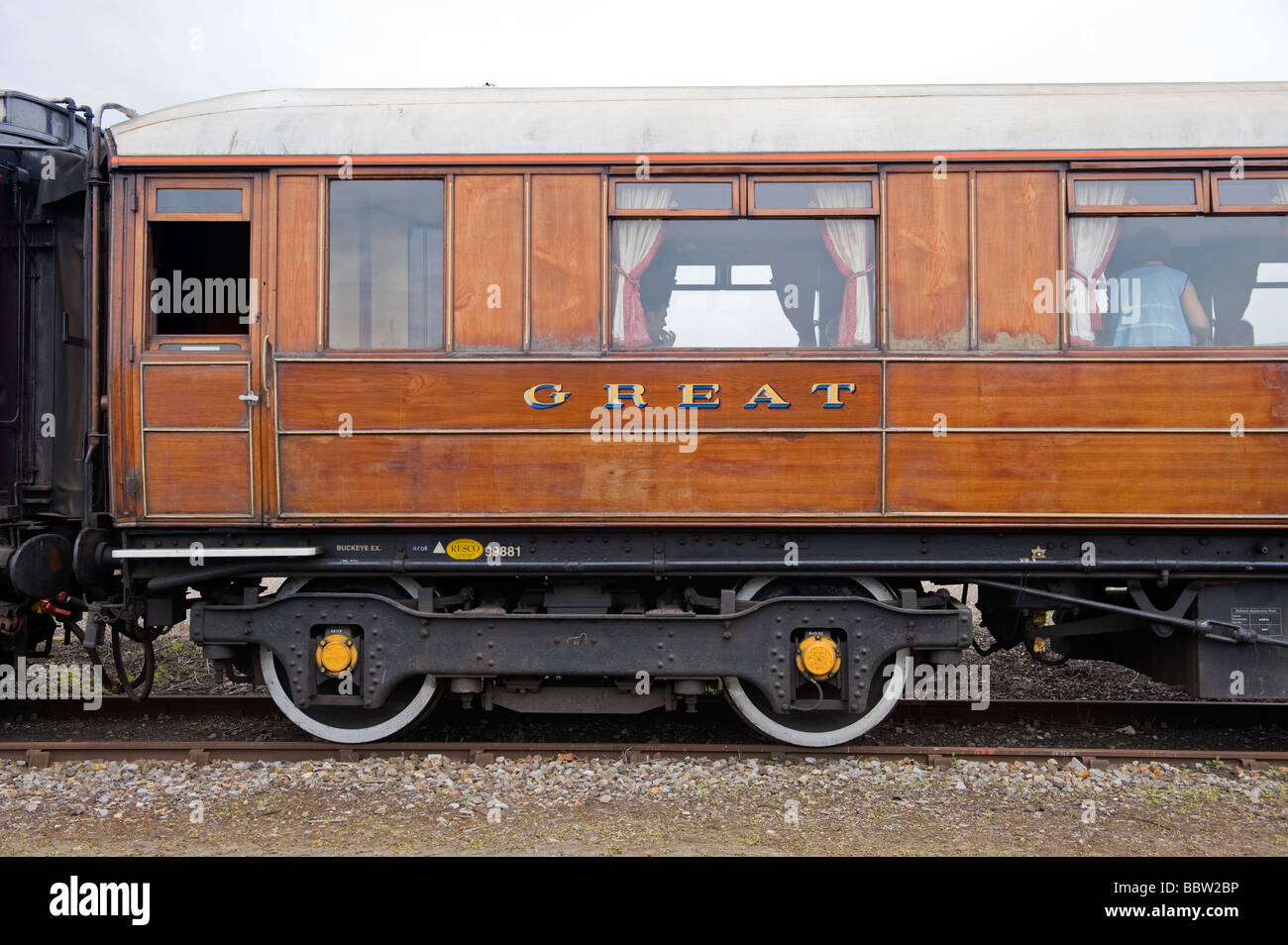 A preserved Great Eastern Teak Bodied railway carriage at the Eastleigh Railway Works open day. Stock Photo