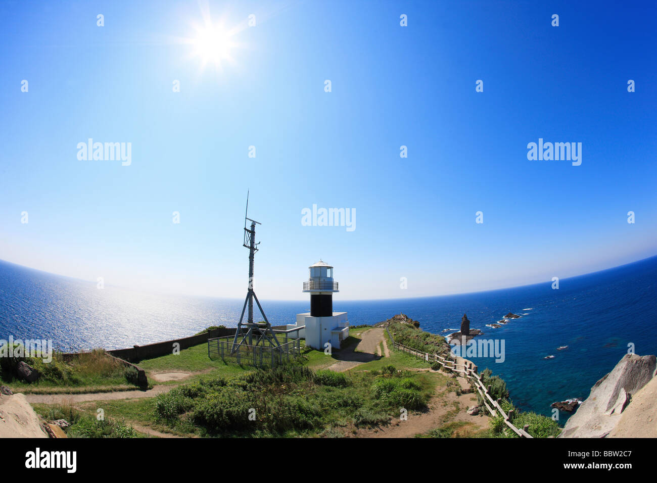 Beautiful seascape with observatory on coast Stock Photo