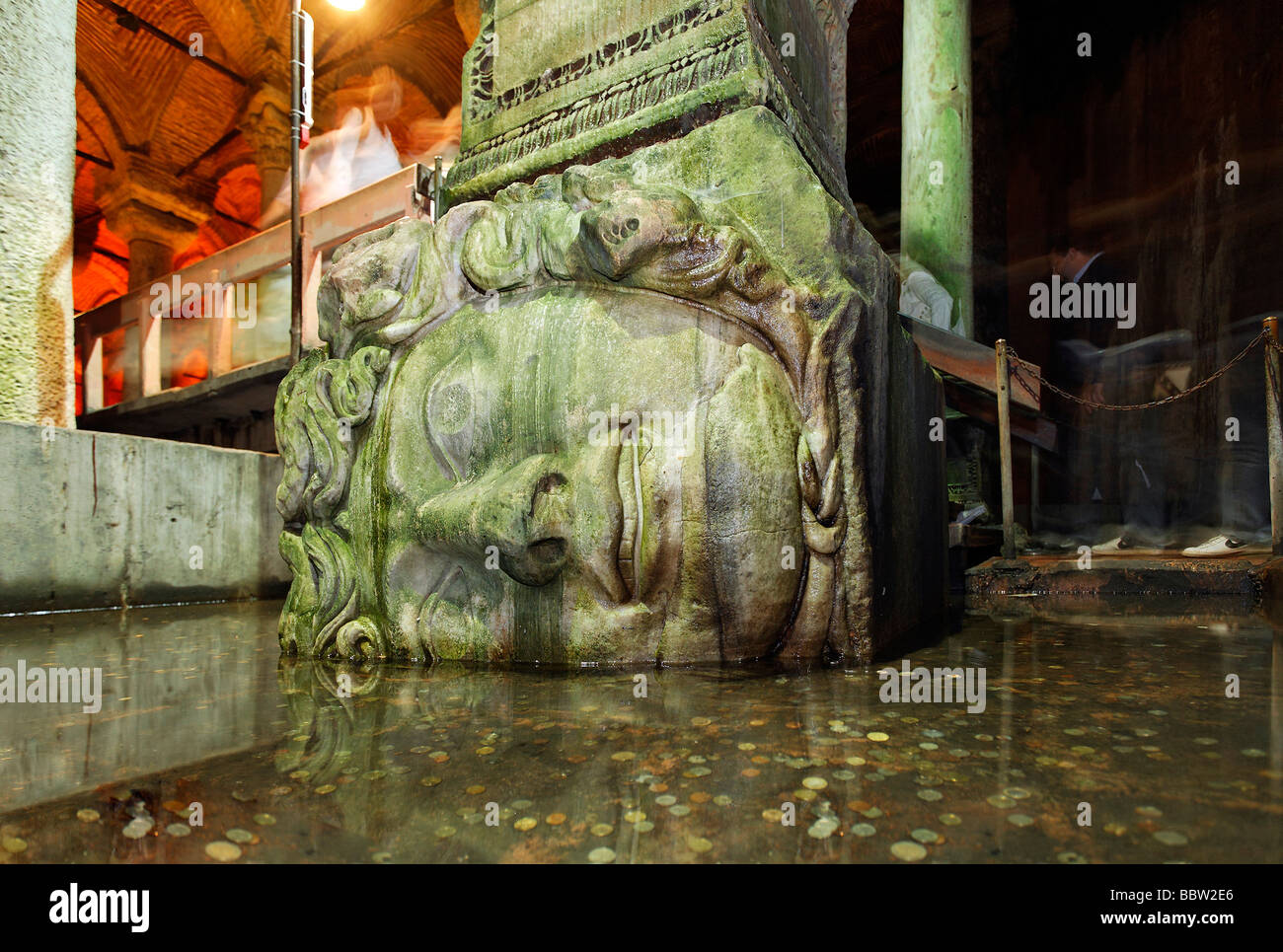 Monumental head of a medusa at the foot of a column, Yerebatan Sarayi, Byzantine cistern, Sultanahmet, Istanbul, Turkey Stock Photo