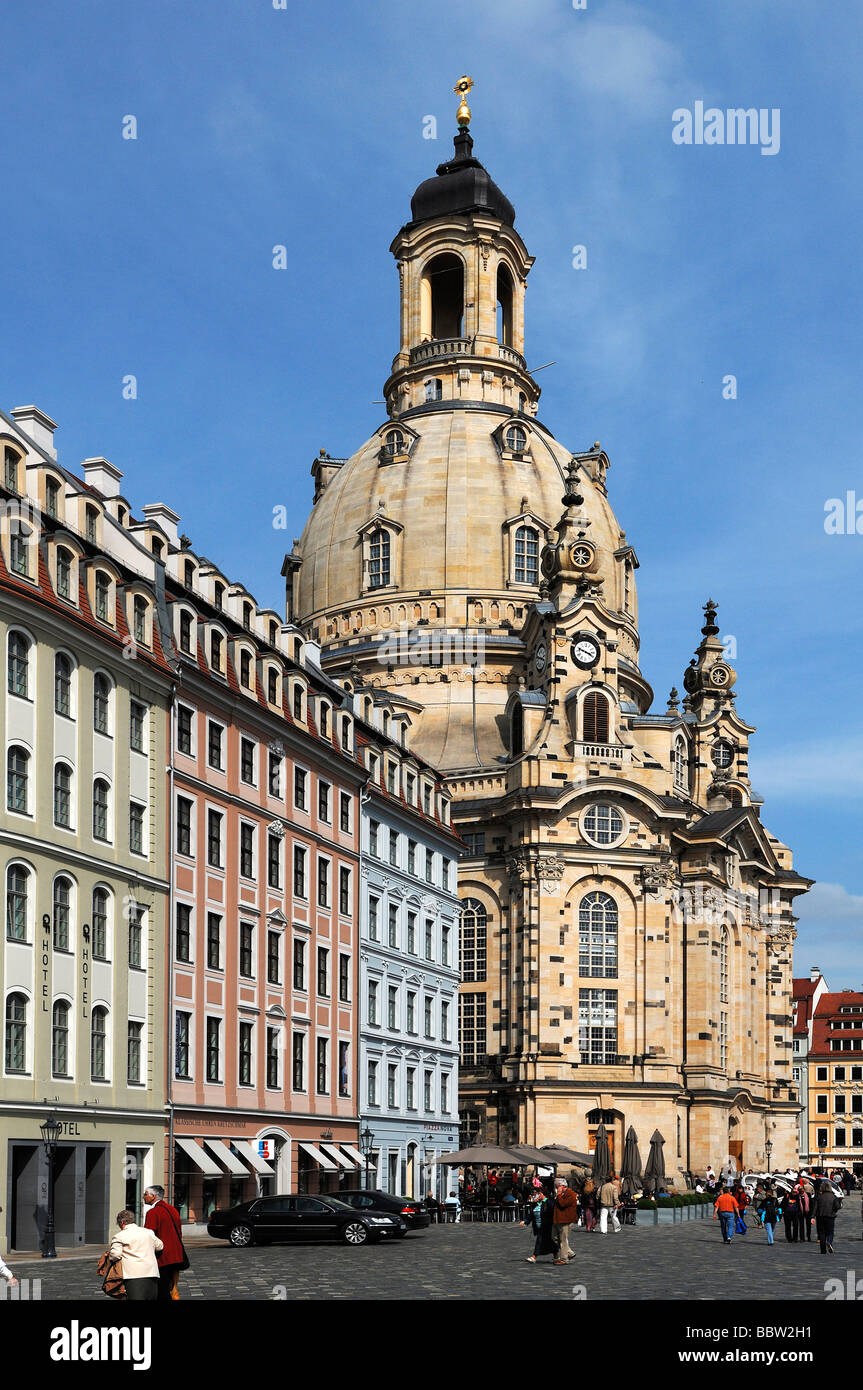 Frauenkirche Church of Our Lady, on the left new town houses at Neumarkt square, Dresden, Saxony, Germany, Europe Stock Photo