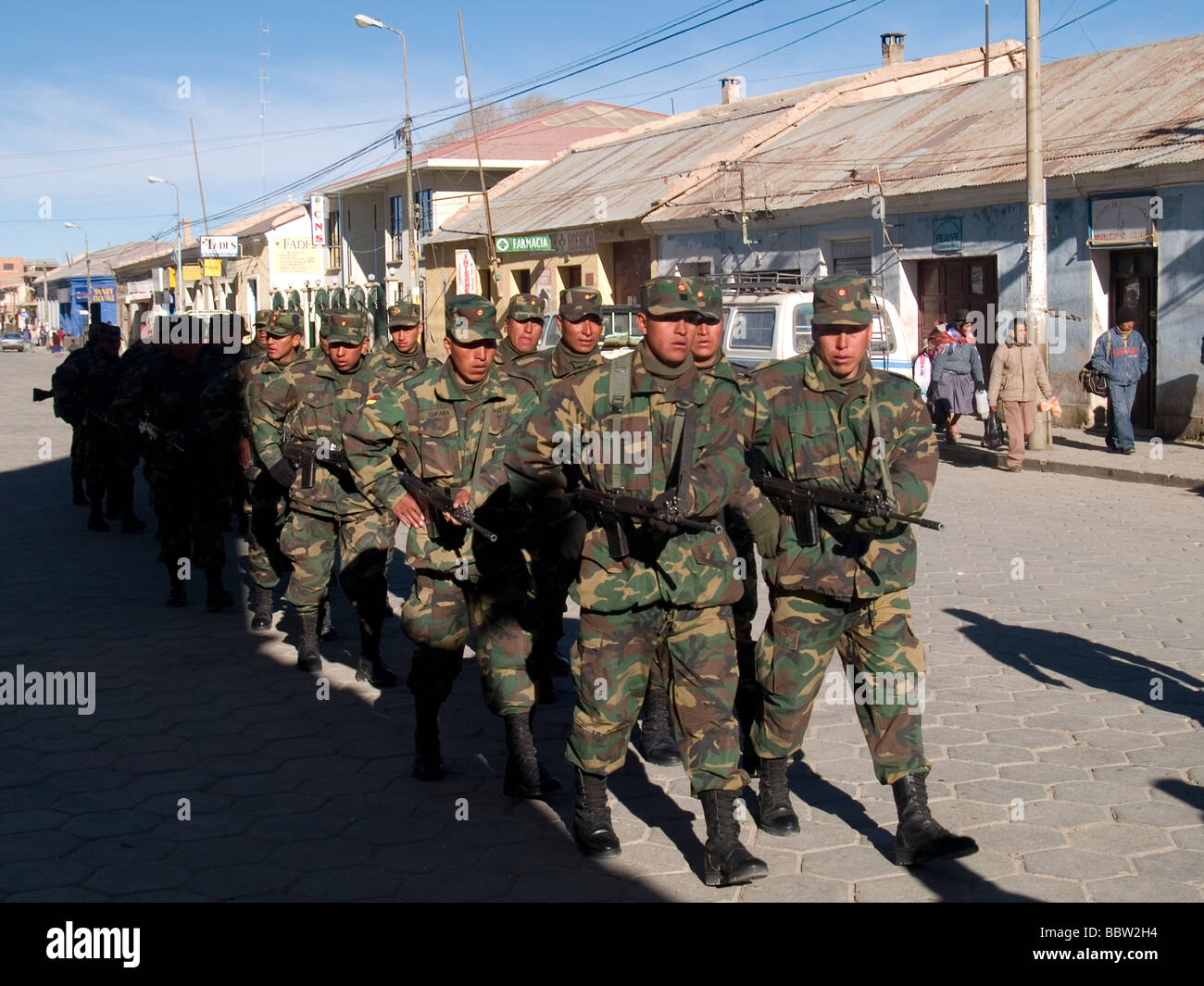 The Bolivian Army marching through the streets of Uyuni, Bolivia Stock Photo