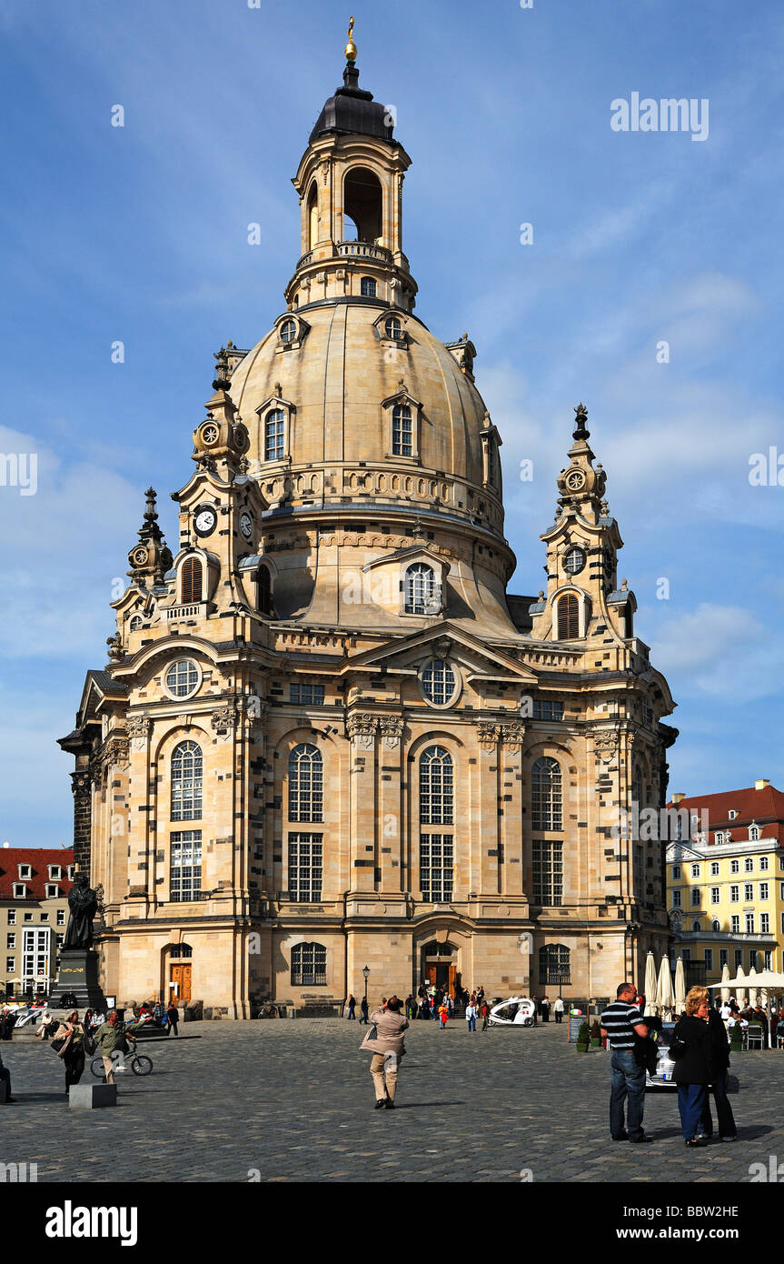 Church of Our Lady at Neumarkt square against blue sky, Dresden, Saxony, Germany, Europe Stock Photo