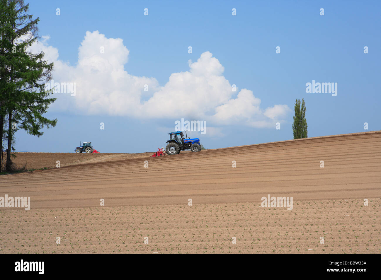 Tractors tilling farm field Stock Photo