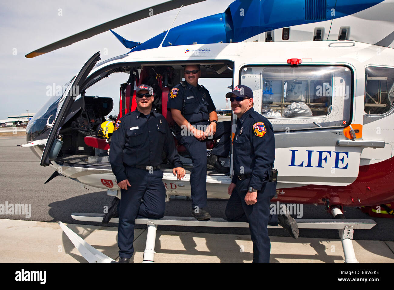 Air Ambulance helicopter @ emergency responder special operations training with CAL FIRE, California Highway Patrol, AMR & EMT Stock Photo