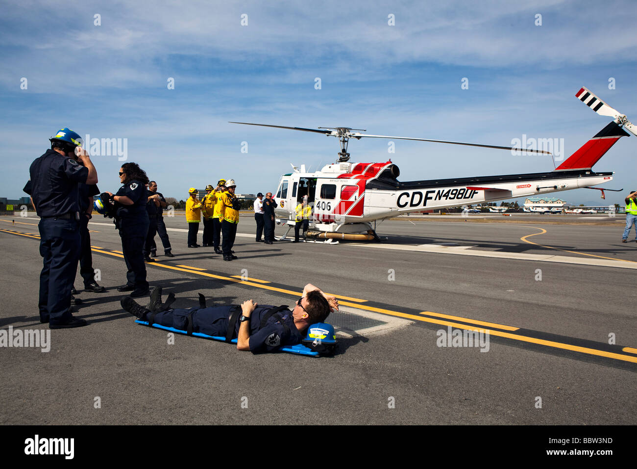 Emergency responder special operations training with CAL FIRE, California Highway Patrol, AMR & EMT Stock Photo