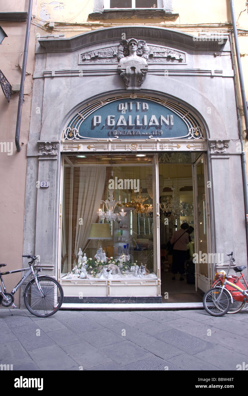 Original Art deco or Liberty facade of Galliani shop in Lucca Stock Photo