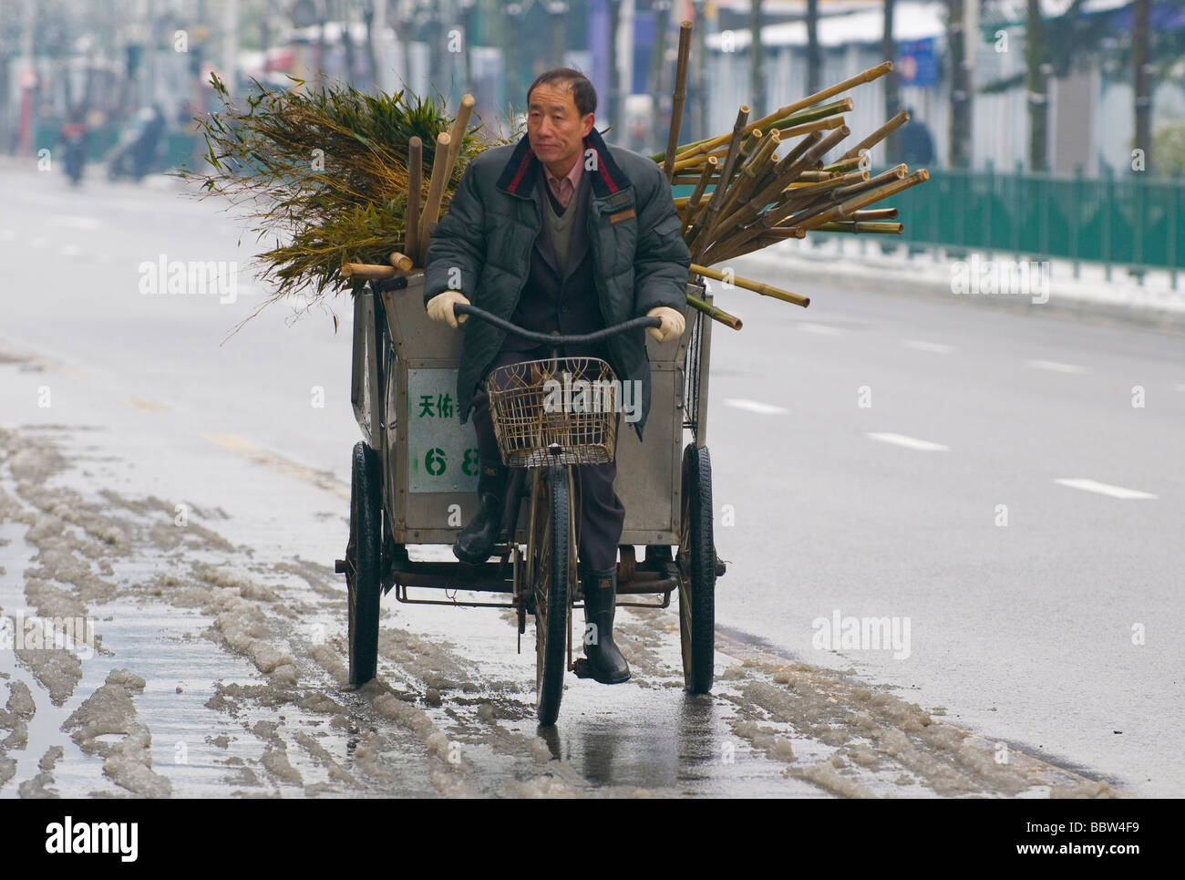 Chinese street in shanghai in snowy day Stock Photo
