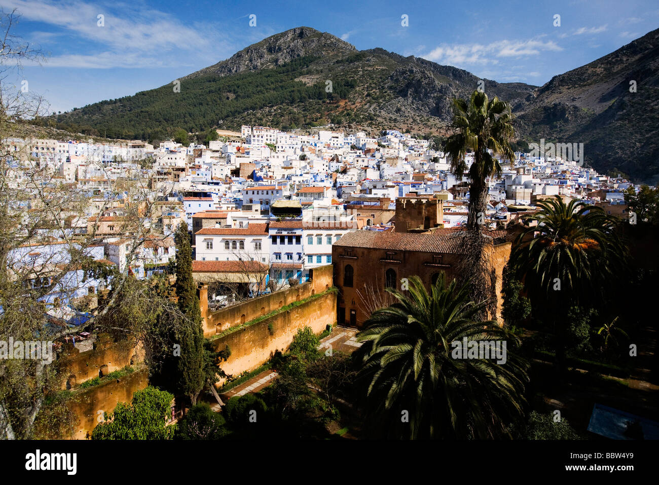 View over Chefchaouen from the Kasbah, Morocco, North Africa Stock Photo