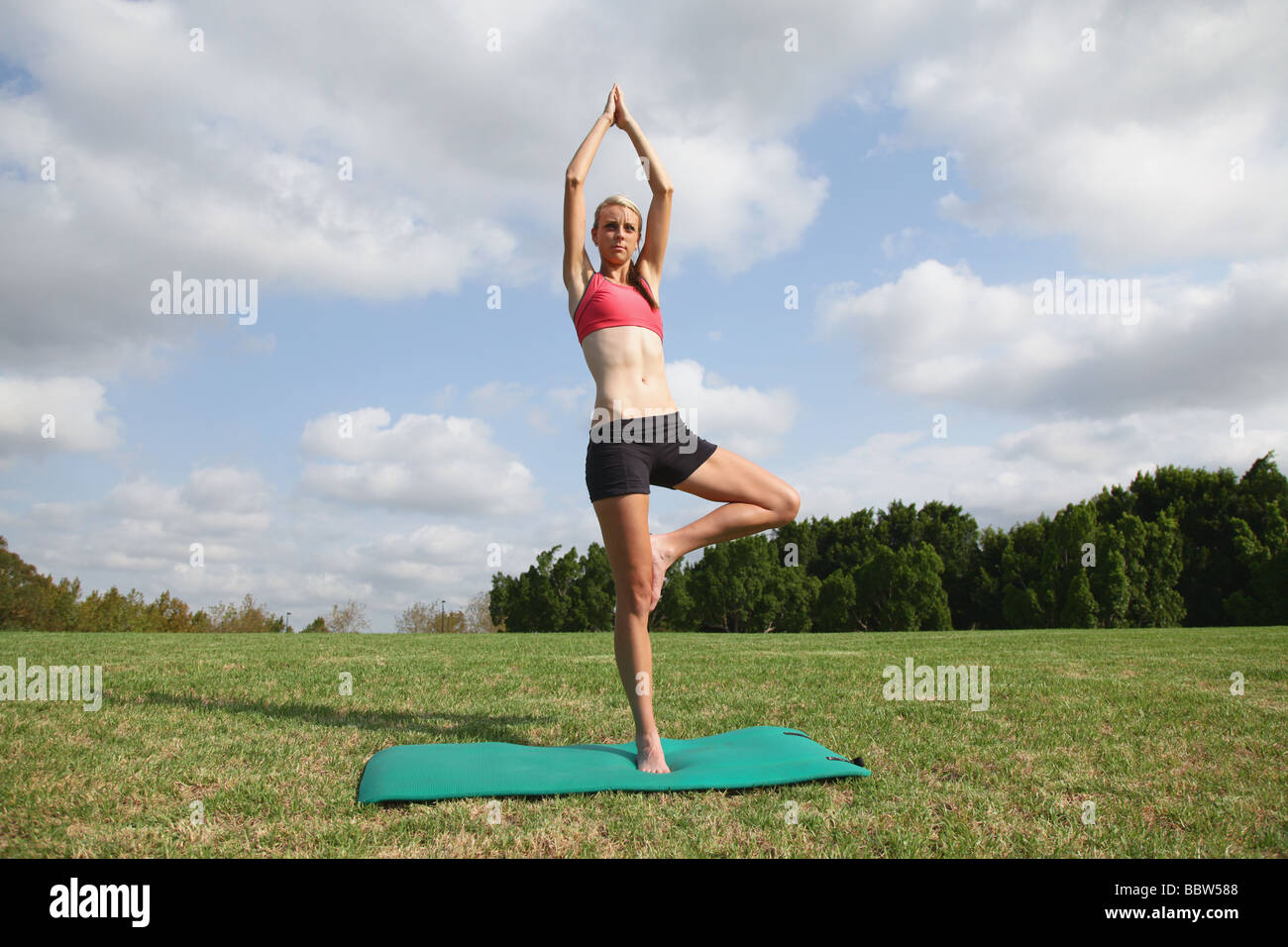 Young Woman doing the tree pose on mat Stock Photo - Alamy