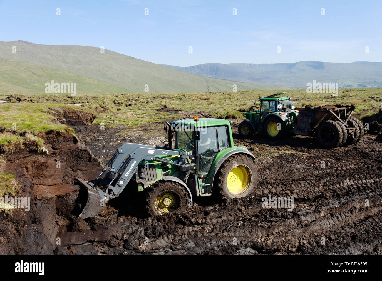 Large scale peat excavation with machinery from a bog in County
