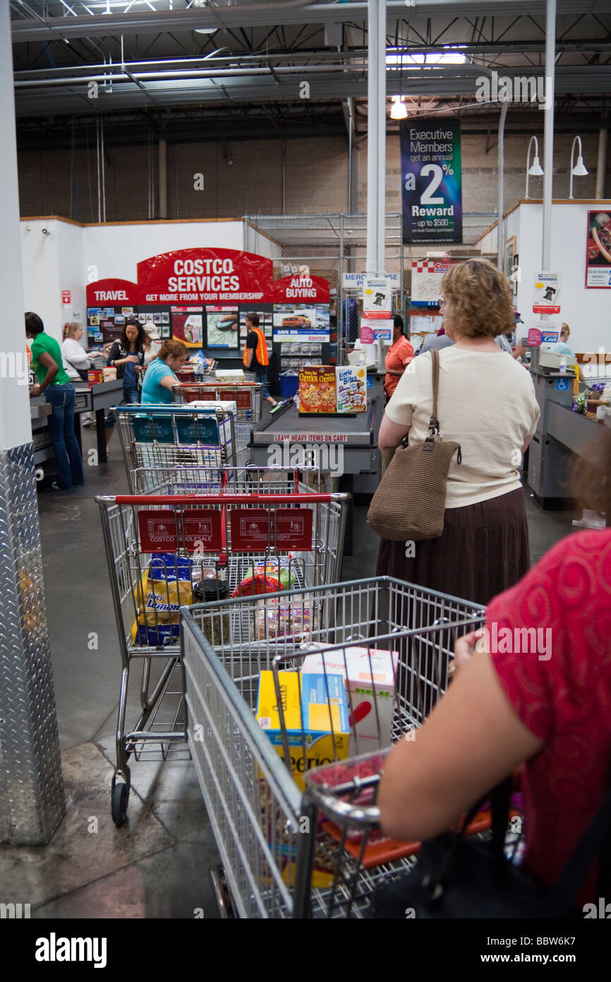 checkout counters, Costco warehouse USA Stock Photo