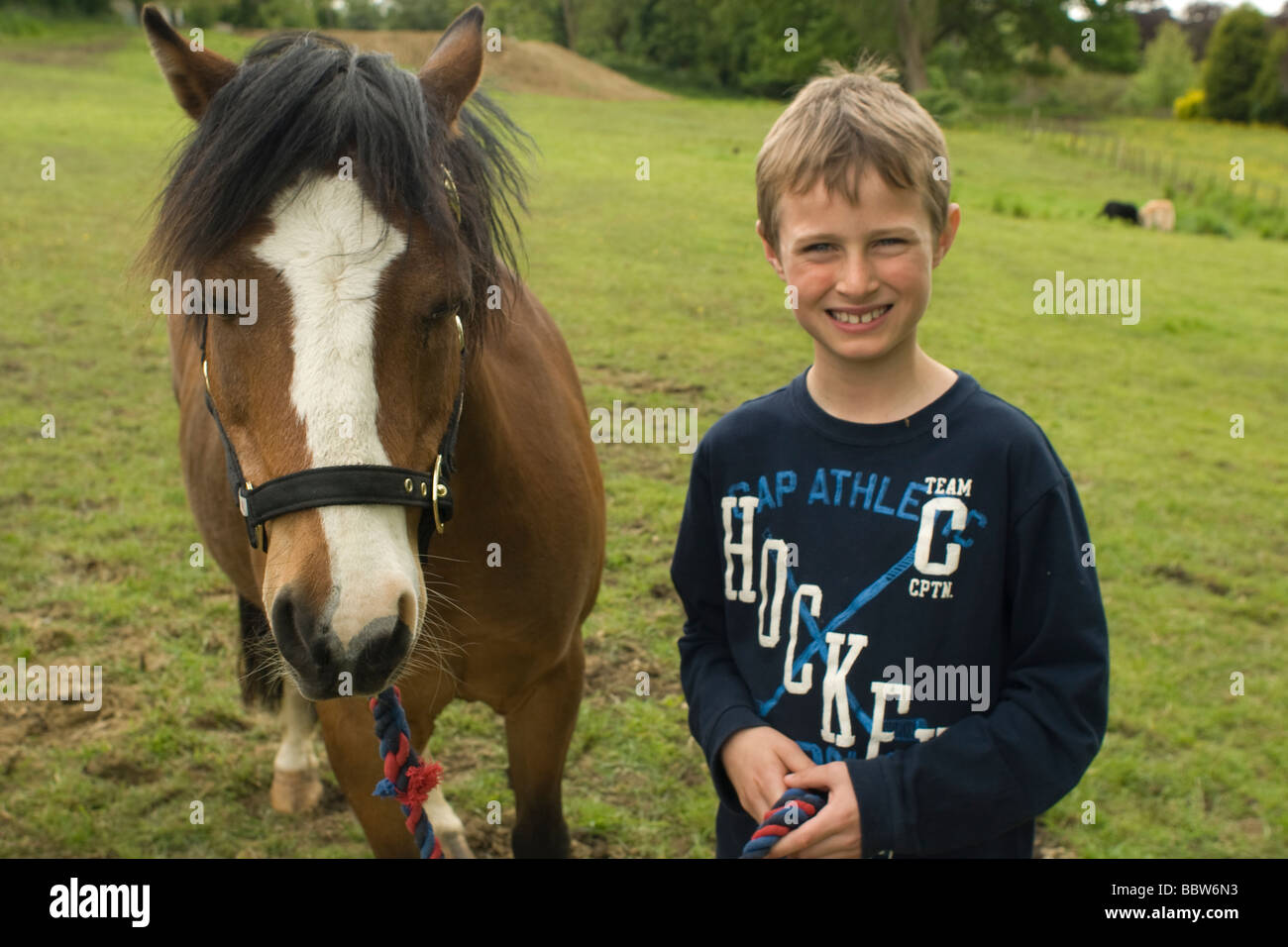 boy standing by pony Stock Photo
