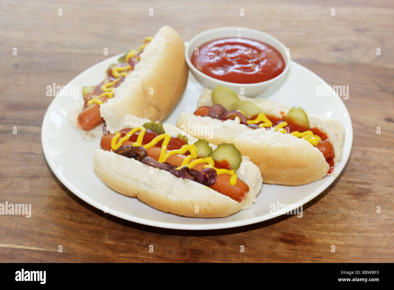 Freshly Prepared Frankfurter Hot Dogs In Soft White Bread Rolls With