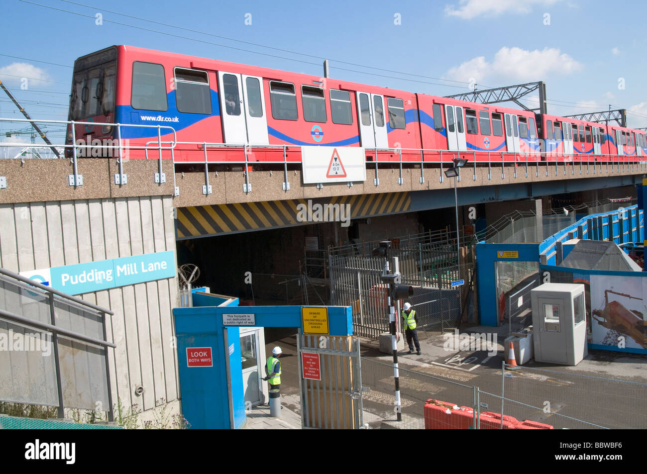 UK. DLR TRAIN AT PUDDING MILL LANE STATION BY FUTURE OLYMPIC PARK