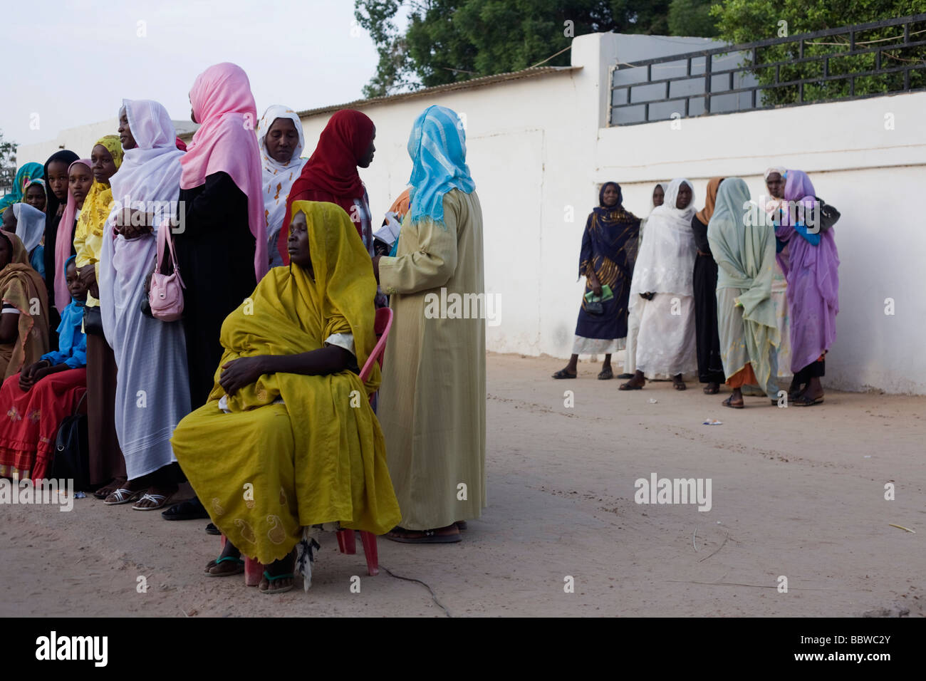 Political ladies attend womens' peace rally outside a compound tent belonging to the Governor of North Darfur Stock Photo