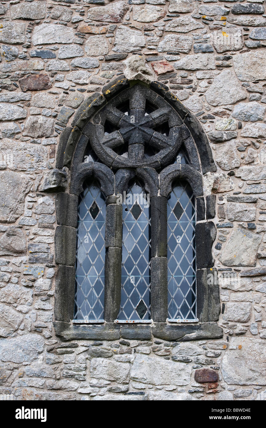 St Clements Church arched leaded stone window, Rodel, Isle of Harris, Outer Hebrides, Scotland Stock Photo