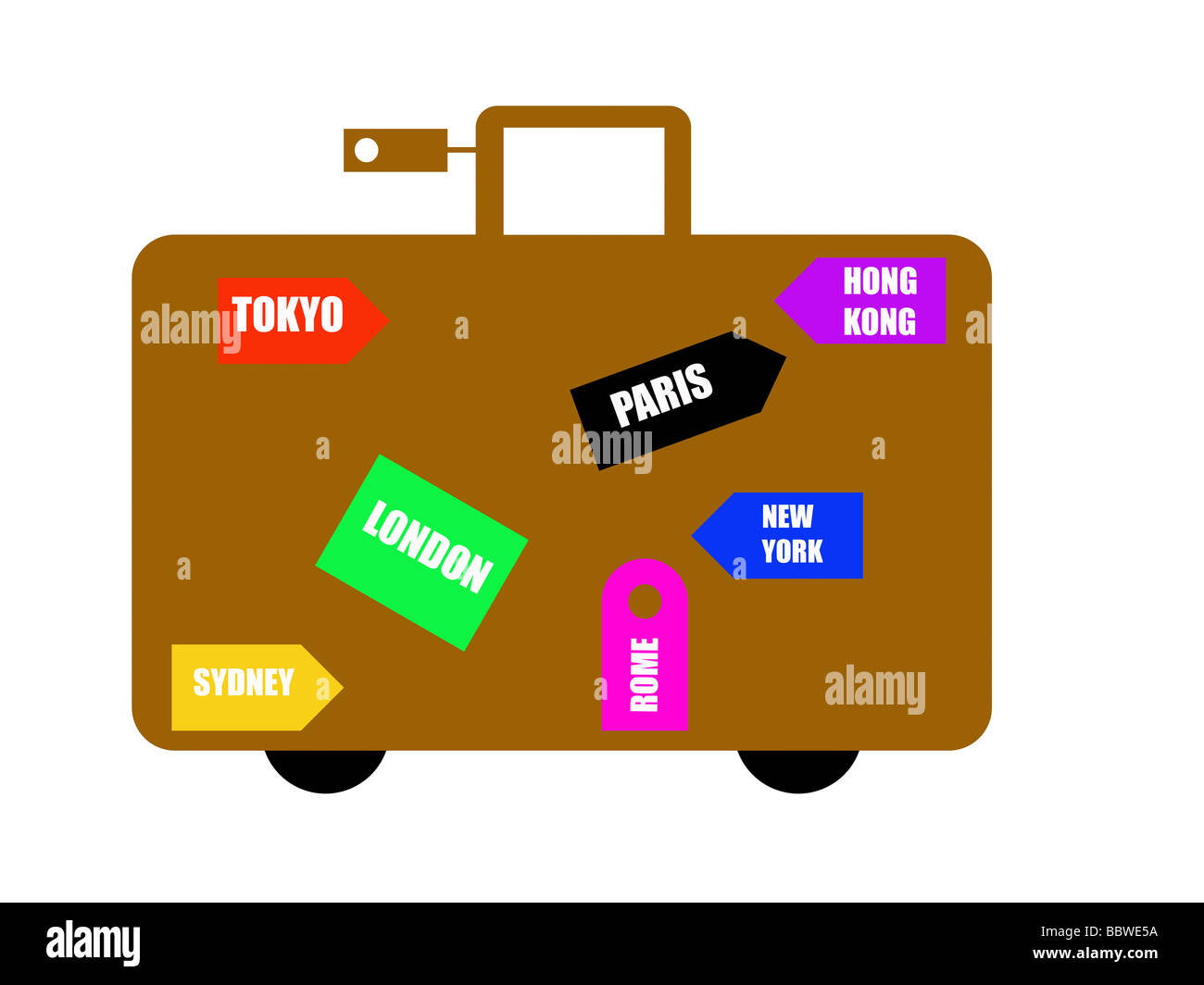 Brown luggage with world destination labels isolated on white background Stock Photo
