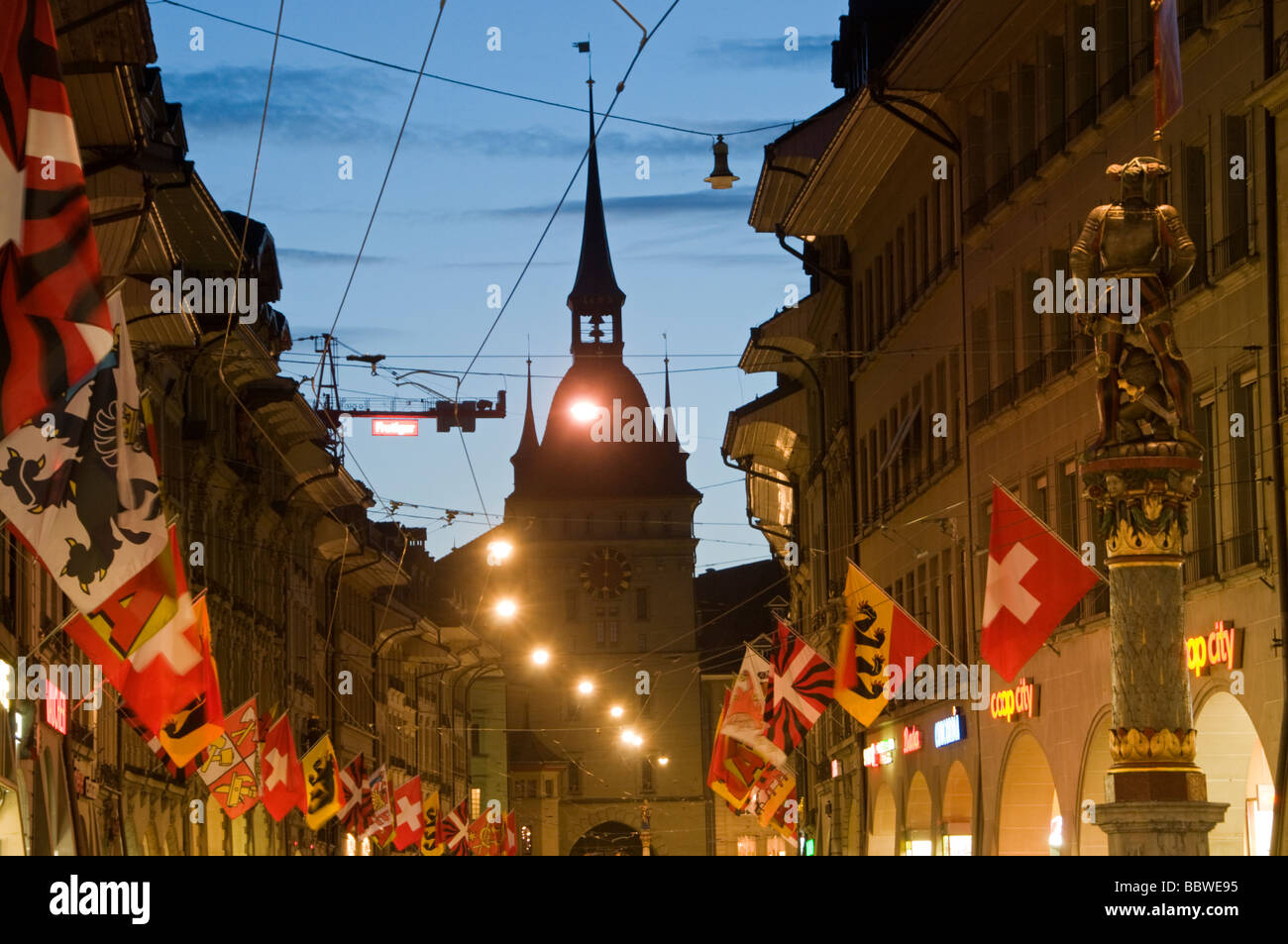 Historical Marktgasse town at dusk, Bern Switzerland Stock Photo