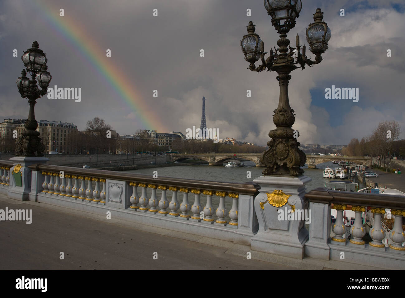 Paris France in Spring Rain Showers with rainbow Stock Photo Alamy