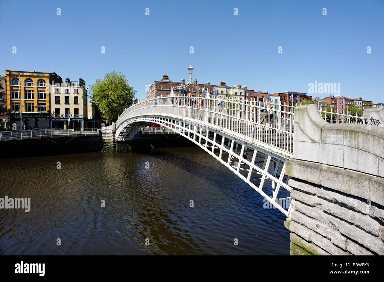 Ha Penny bridge looking towards Lower Ormond Quay Central Dublin Republic of Ireland Stock Photo