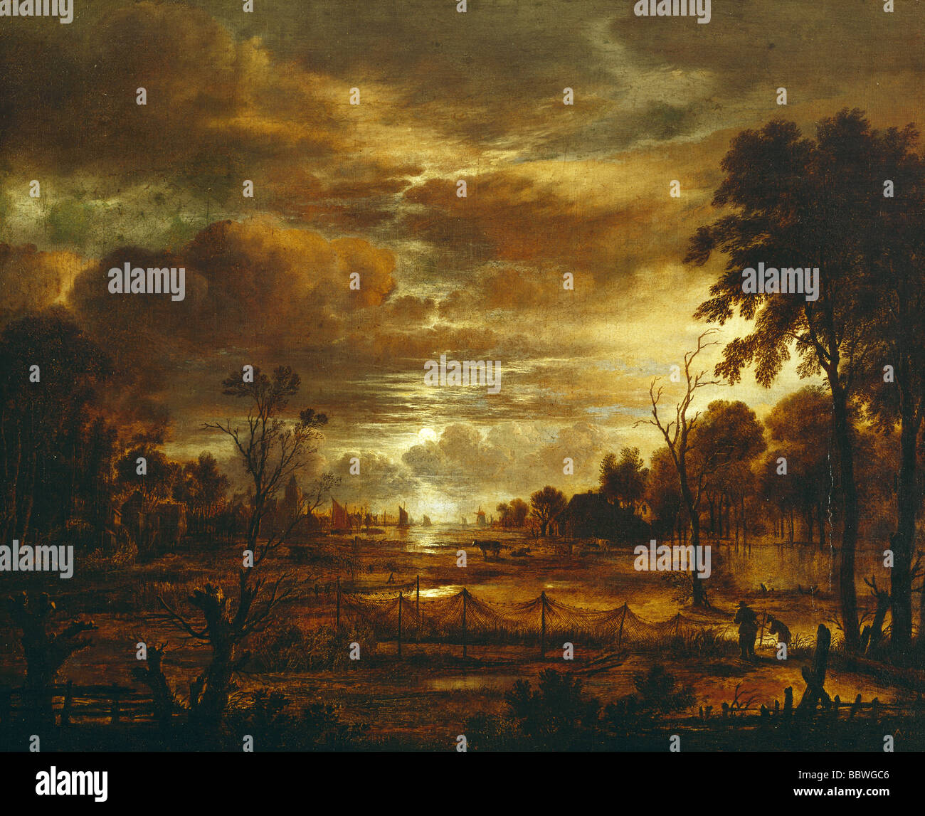 ÜF, Kunst, Neer, Aert van der (1606 - 1677),  Gemälde, 'Mondscheinlandschaft', Öl auf Holz,    wolken, Landschaft, Netze, Nacht, Stock Photo