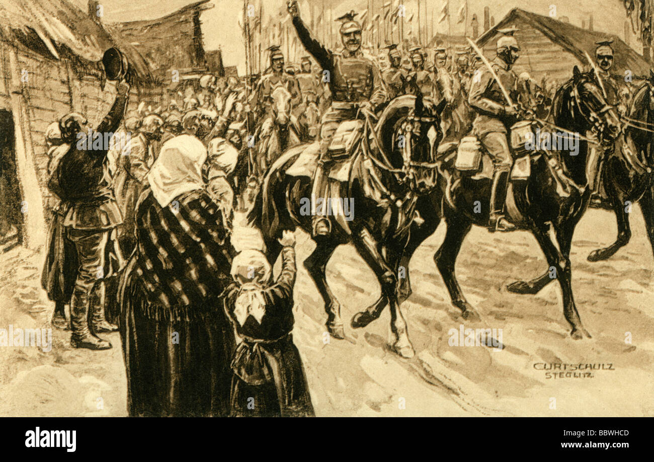 events, First World War/WWI, Eastern Front, Poland, German lancers at Czestochowa, August 1914, postcard, drawing by Curt Schulz-Steglitz, 1915, Silesia, cavalry, military, Germany, propaganda, 20th century, historic, historical, Schulz Steglitz, people, 1910s, Stock Photo