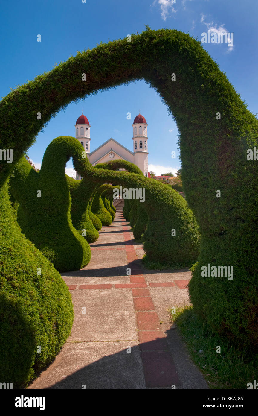 The San Rafael church with arched shrubs in Zacero, Costa Rica, Central America Stock Photo