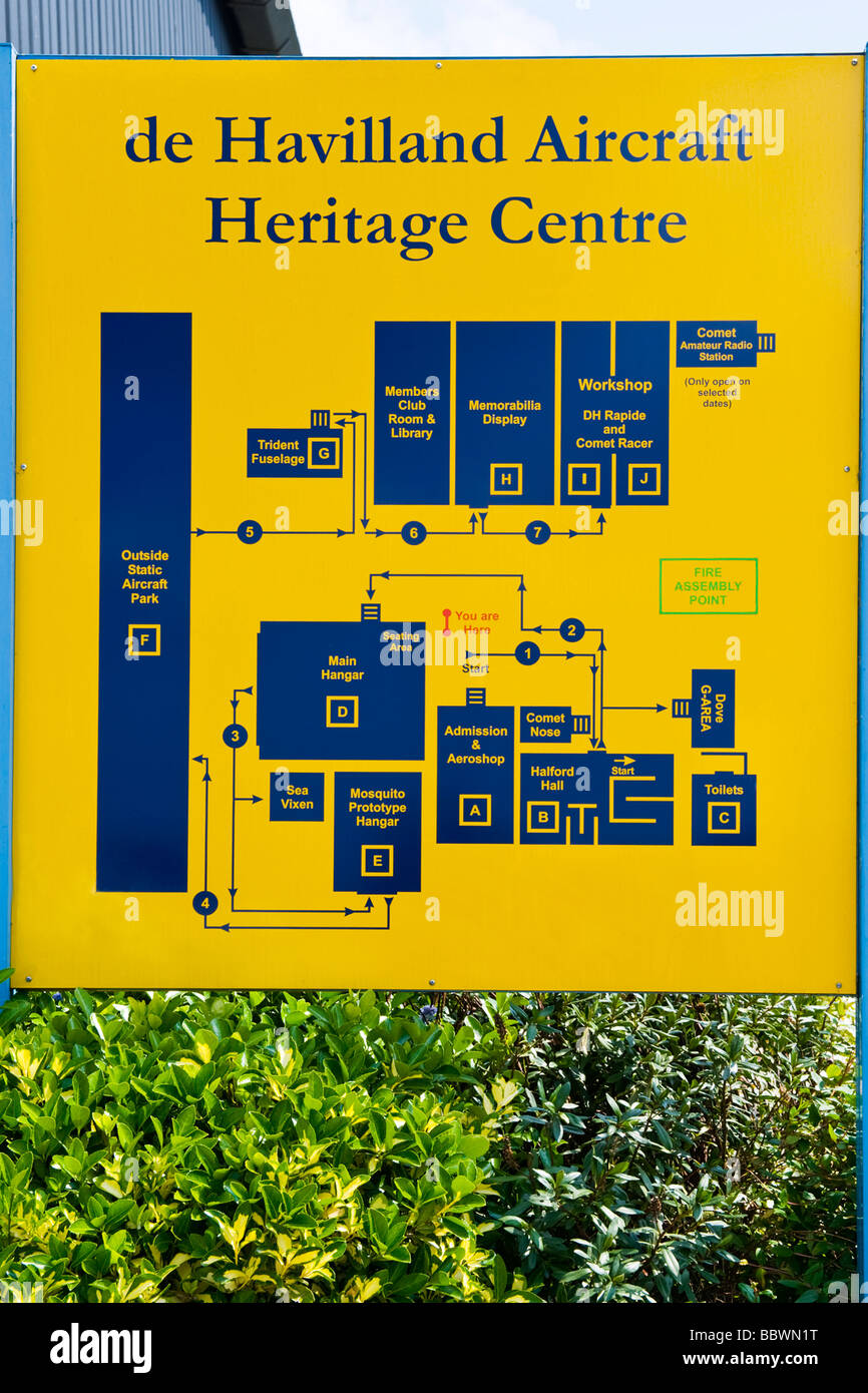 de Havilland Aircraft Heritage Centre Mosquito Museum , plan of the heritage centre layout & exhibits Stock Photo