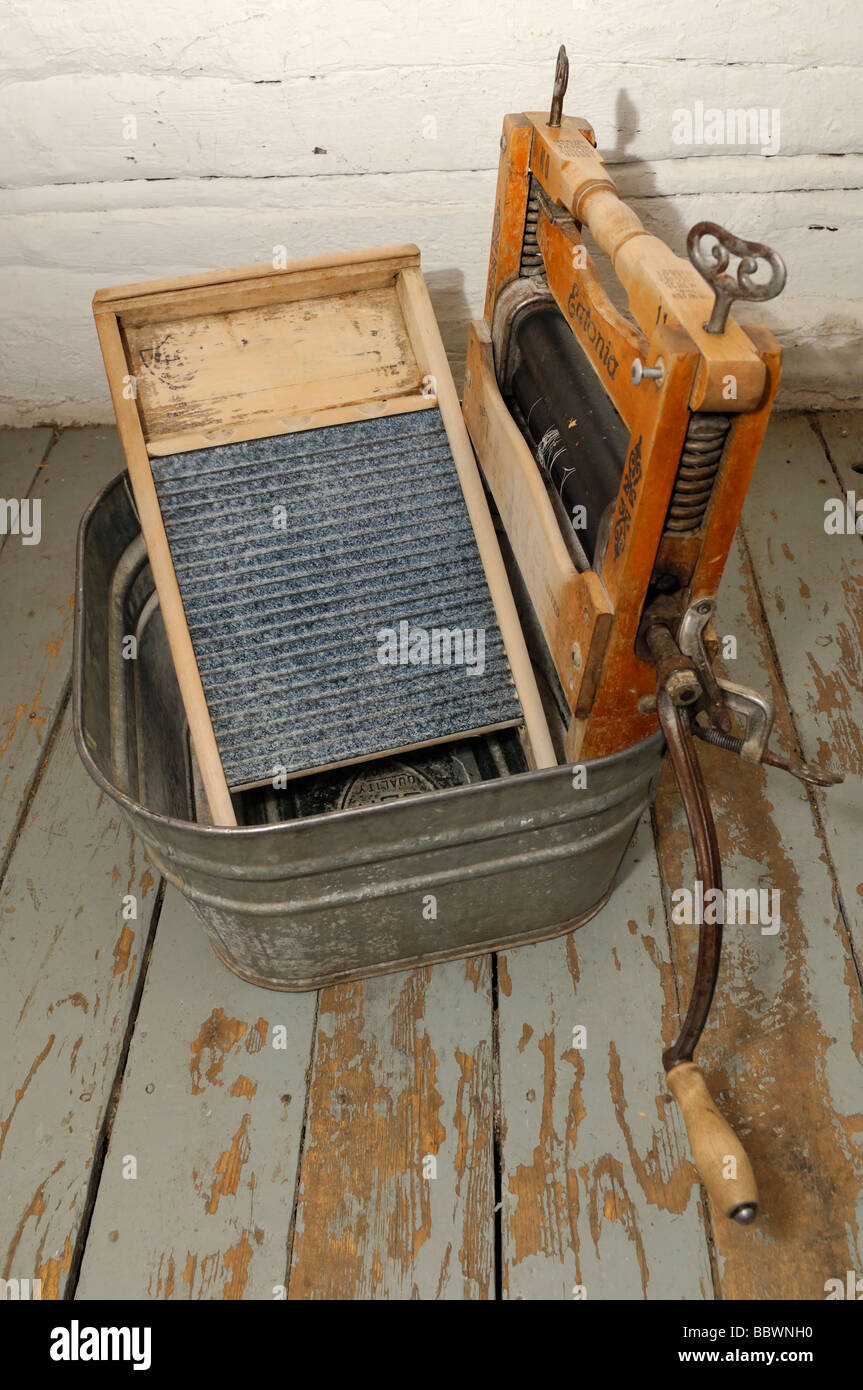 Antique wringer washer and scrub board John Walter Museum Edmonton Alberta Canada Stock Photo