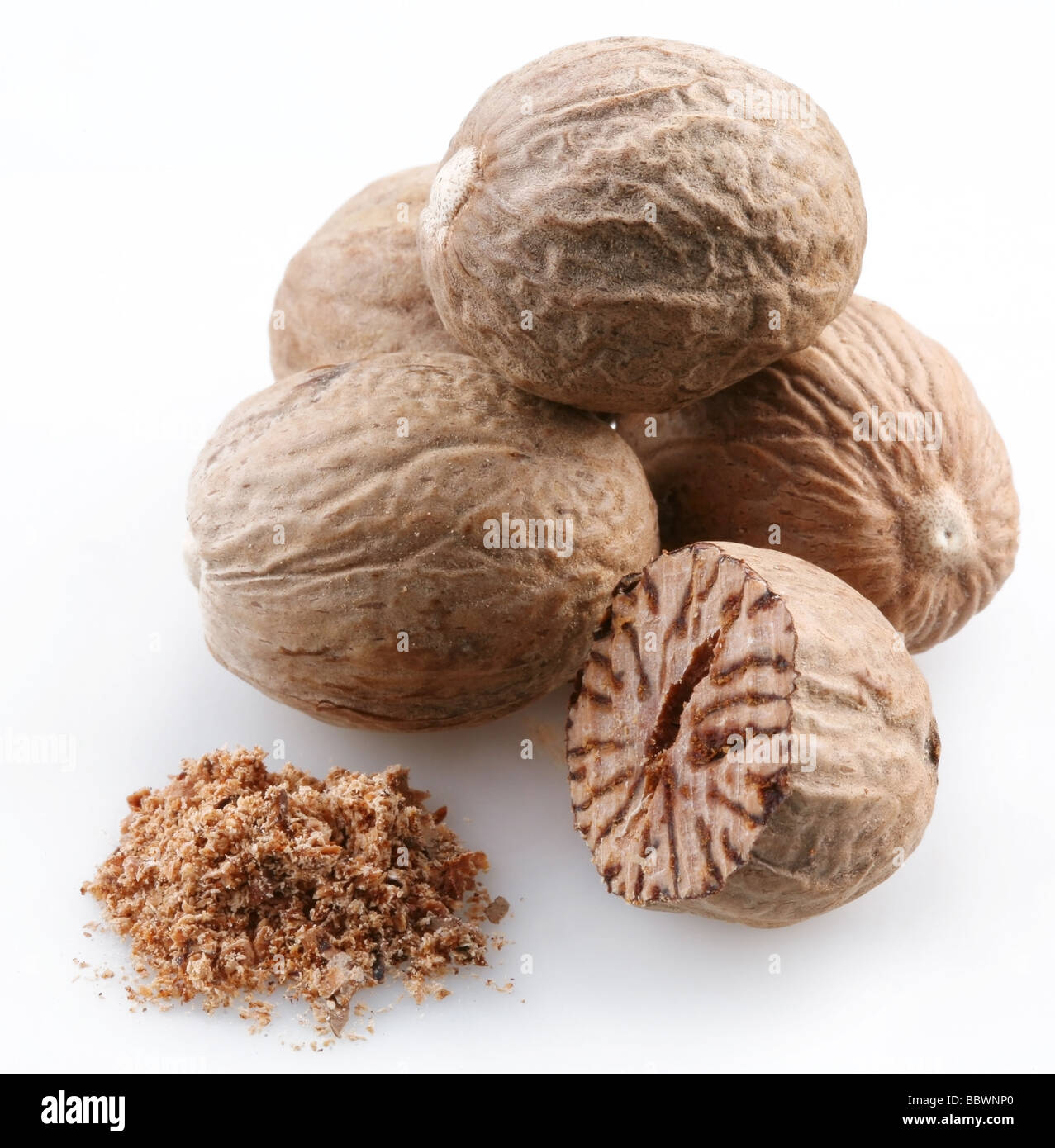 Nutmeg on a white background Stock Photo