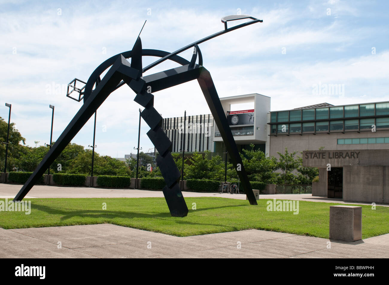 Modern sculpture and State Library of Queensland at the South Bank