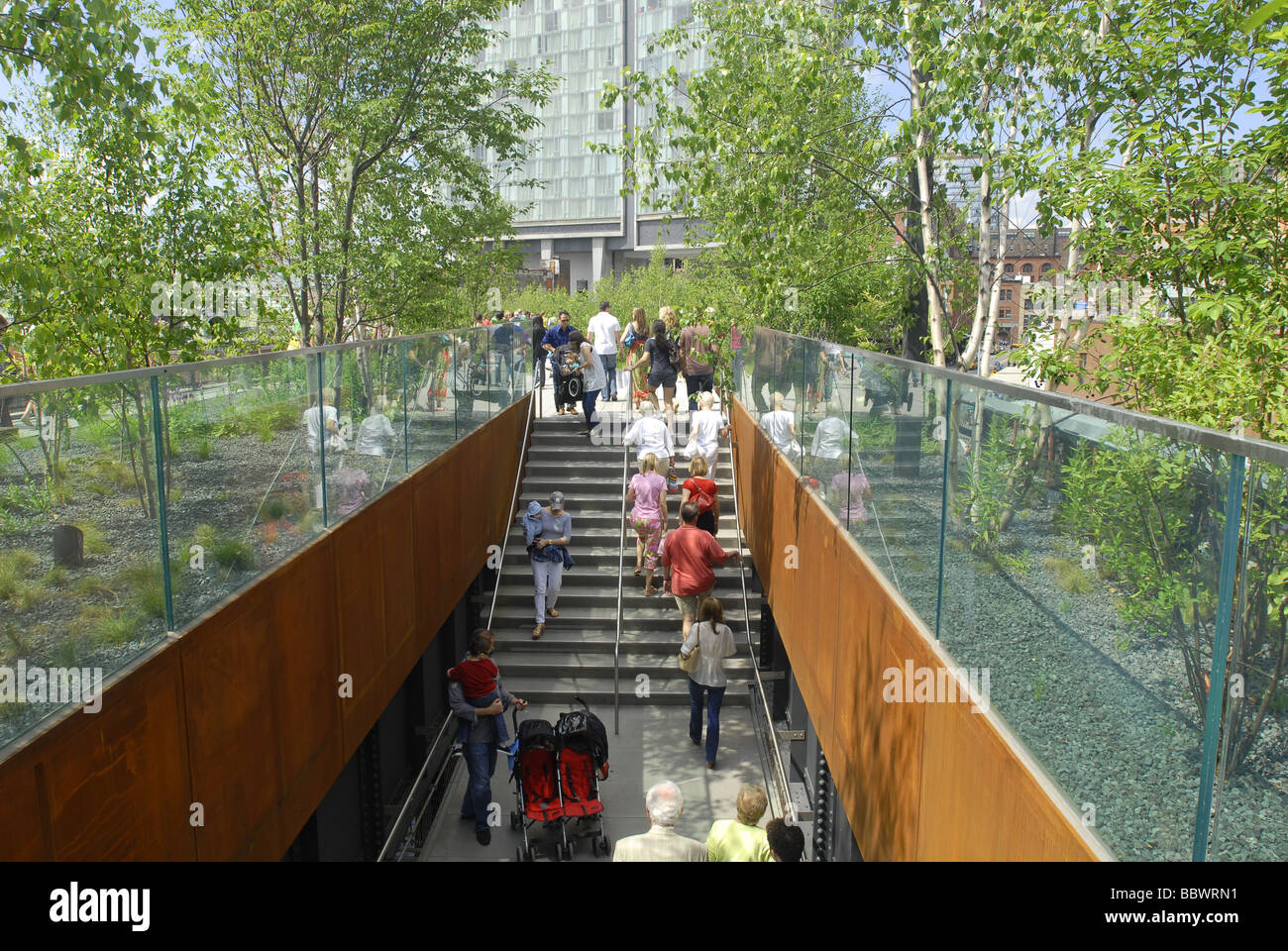 Visitors enter the new High Line Park at the Gansevoort Street entrance in New York Stock Photo