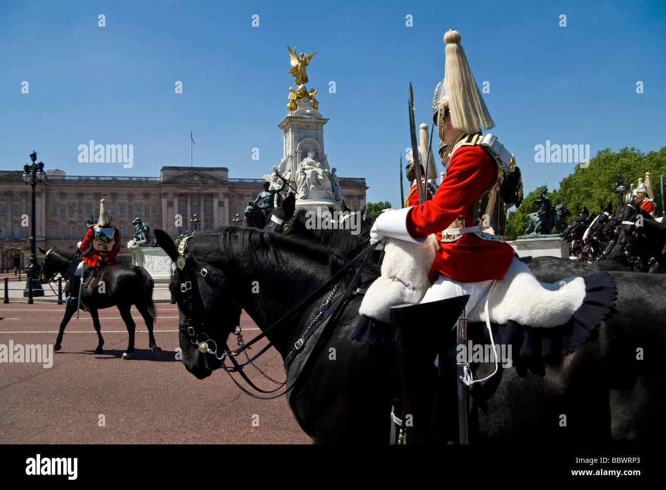 Horse Guards in Trooping The Colour Buckingham Palace London UK Stock Photo