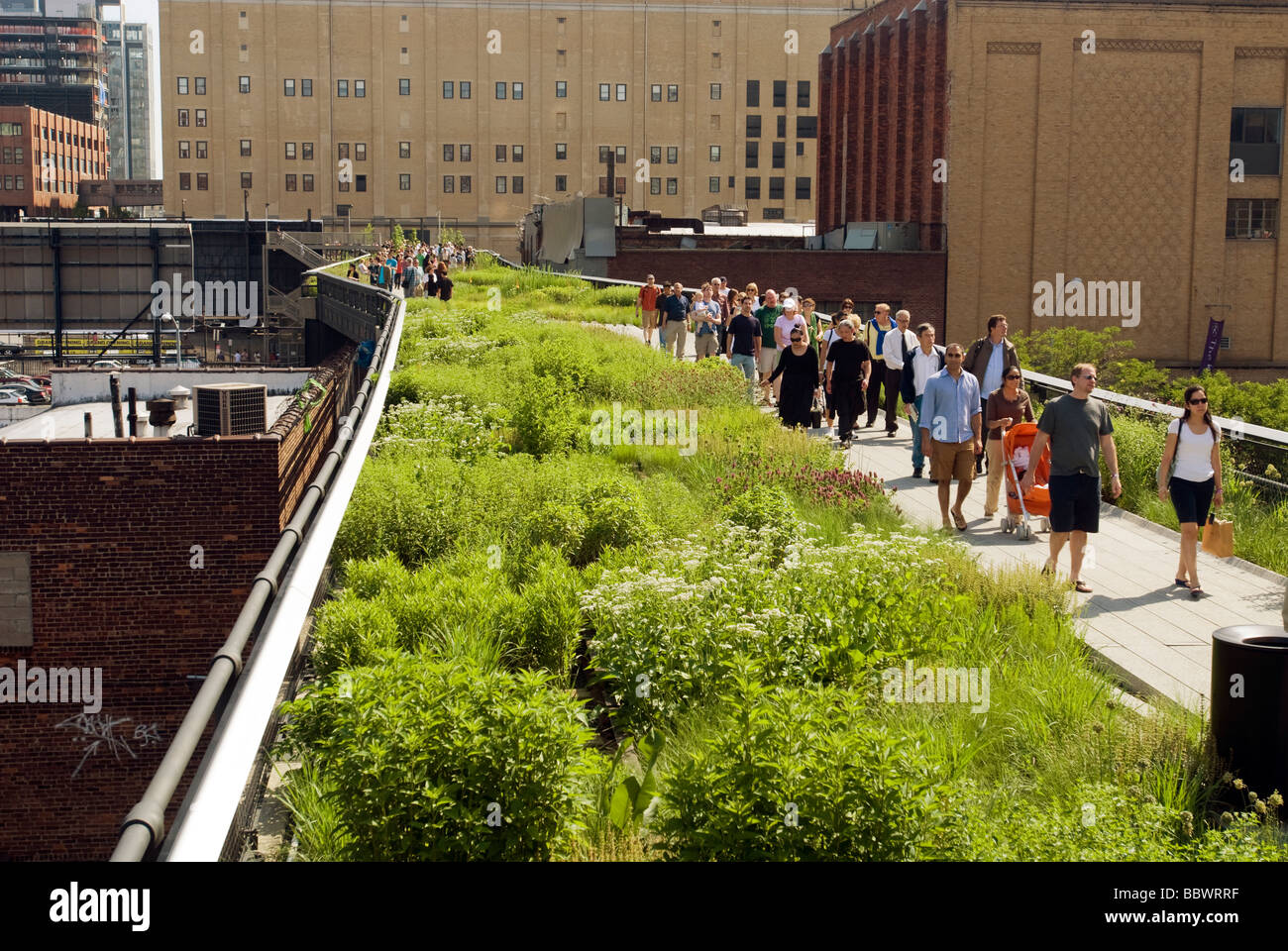Visitors flock to the new High Line Park in the New York neighborhood of West Chelsea Stock Photo