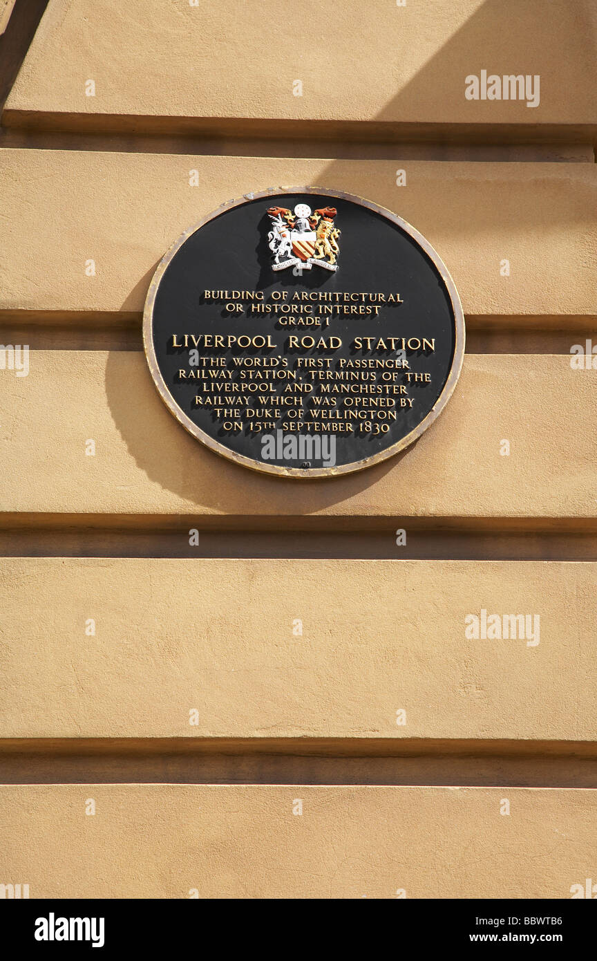 Plaque outside former Liverpool Road railway station in Manchester UK Stock Photo