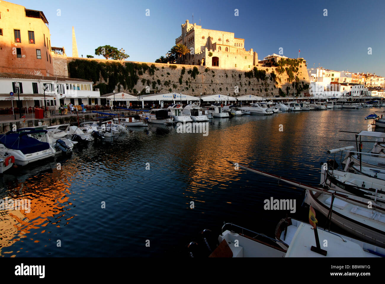 Harbour and Ajuntament city hall town Ciutadella Balearic islands Menorca Spain Stock Photo