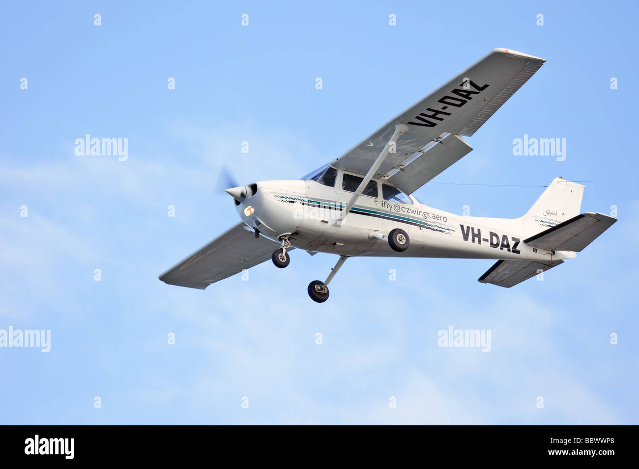 Cessna Light single engine aircraft coming into land after training flight Stock Photo