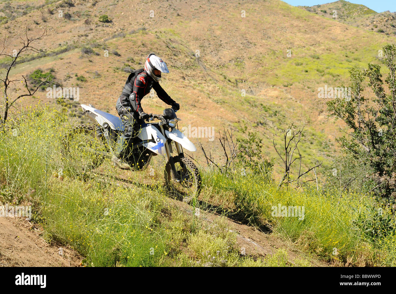 Dualsport  rider going down hill Stock Photo