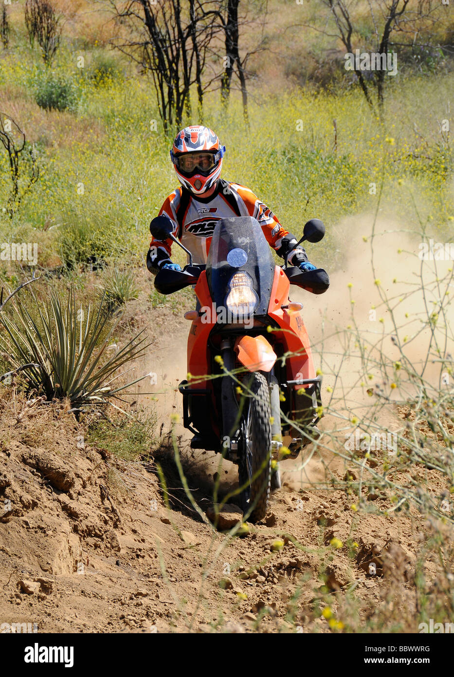 Dualsort rider in a dirt trail Stock Photo