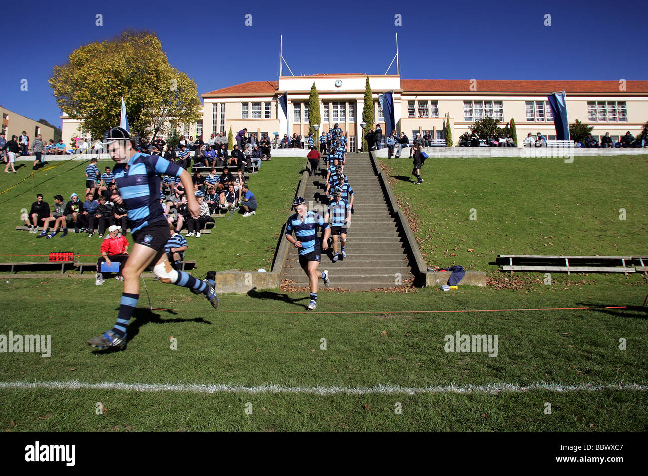 Nelson Boys College first XV 15 Fifteen rugby team running out at home, Nelson, New Zealand Stock Photo