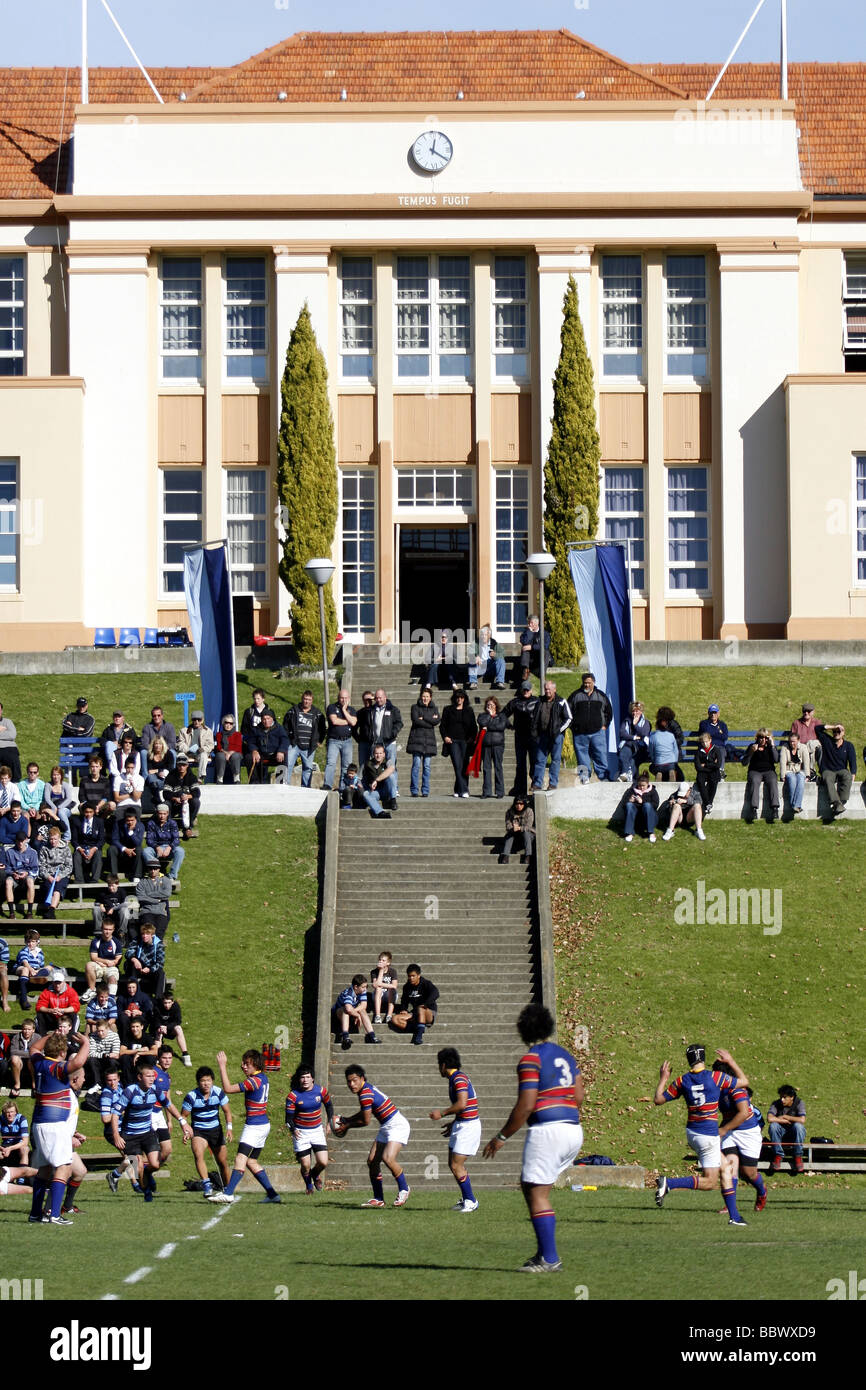 Nelson Boys College first XV 15 Fifteen rugby team playing at home, Nelson, New Zealand Stock Photo