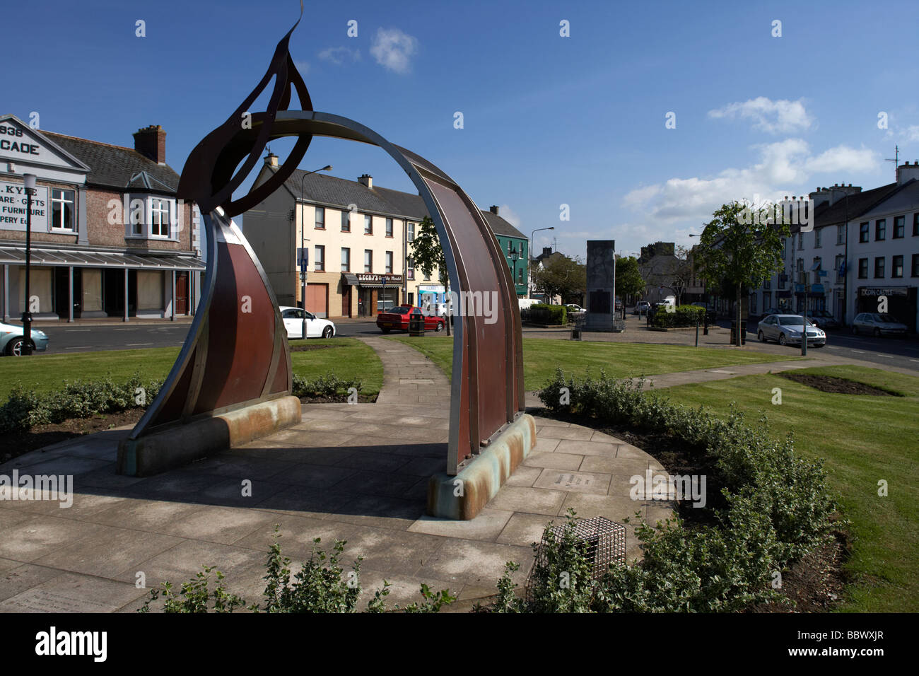 Naomi Jobsons bridging sculpture in the diamond town centre of Castlederg county tyrone northern ireland uk Stock Photo