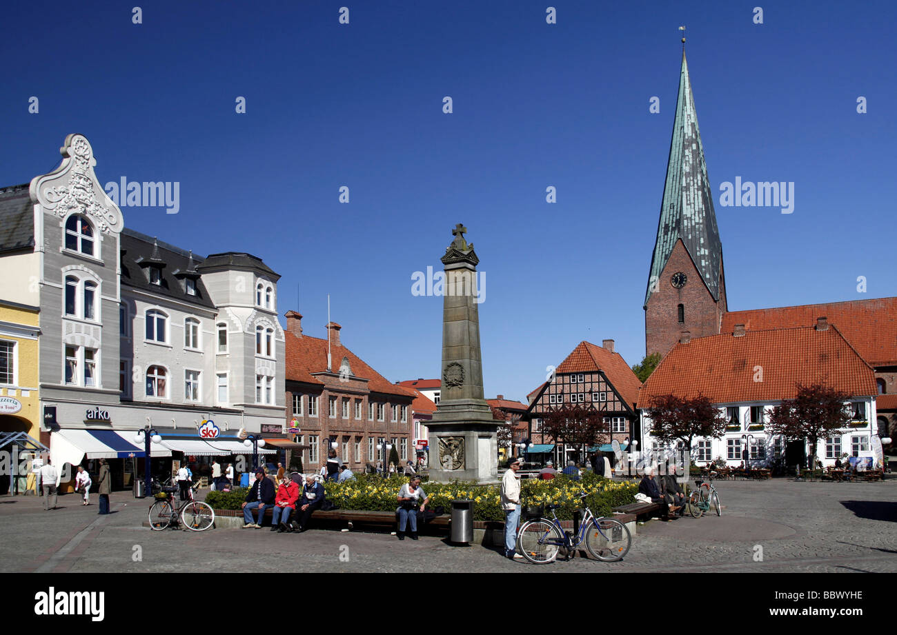 Market place with business houses and historic church of St. Michaelis, Eutin, Schleswig-Holstein, Germany, Europe Stock Photo