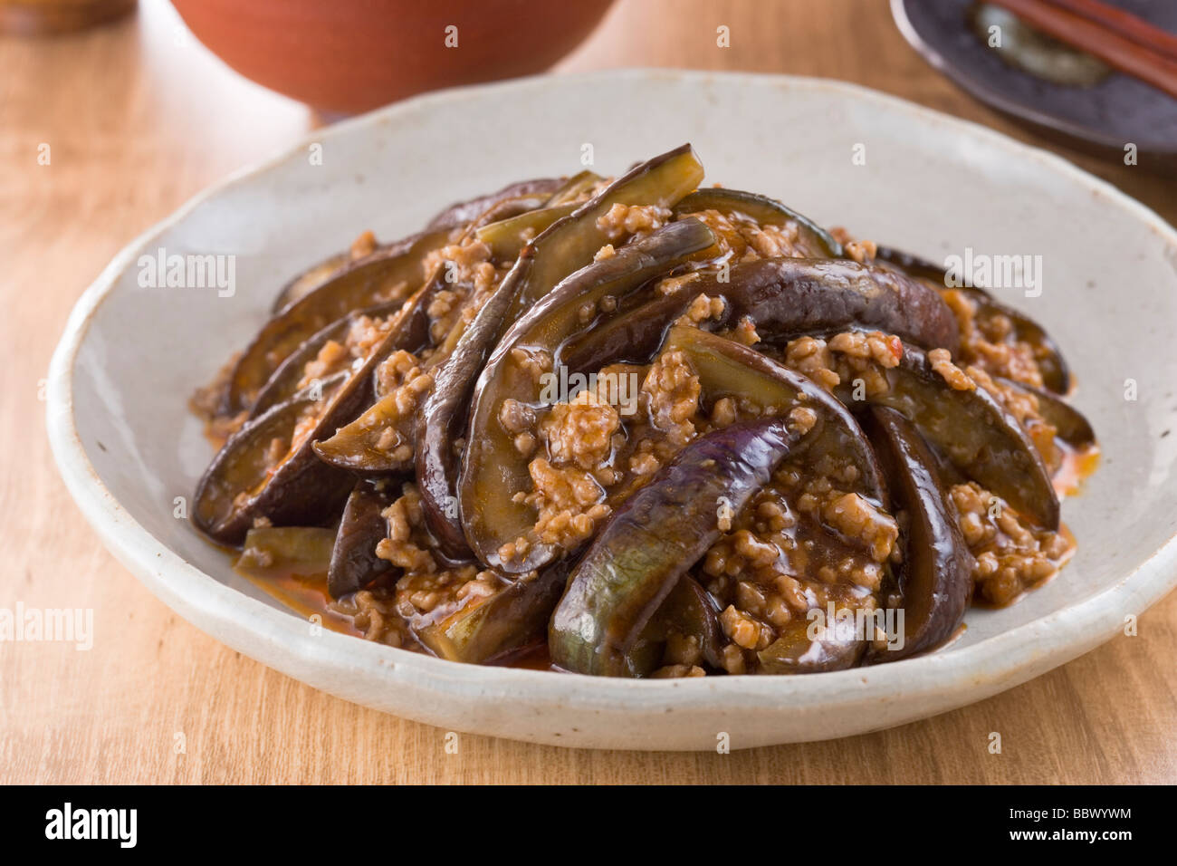 Fried Eggplant with Chili Sauce Stock Photo Alamy
