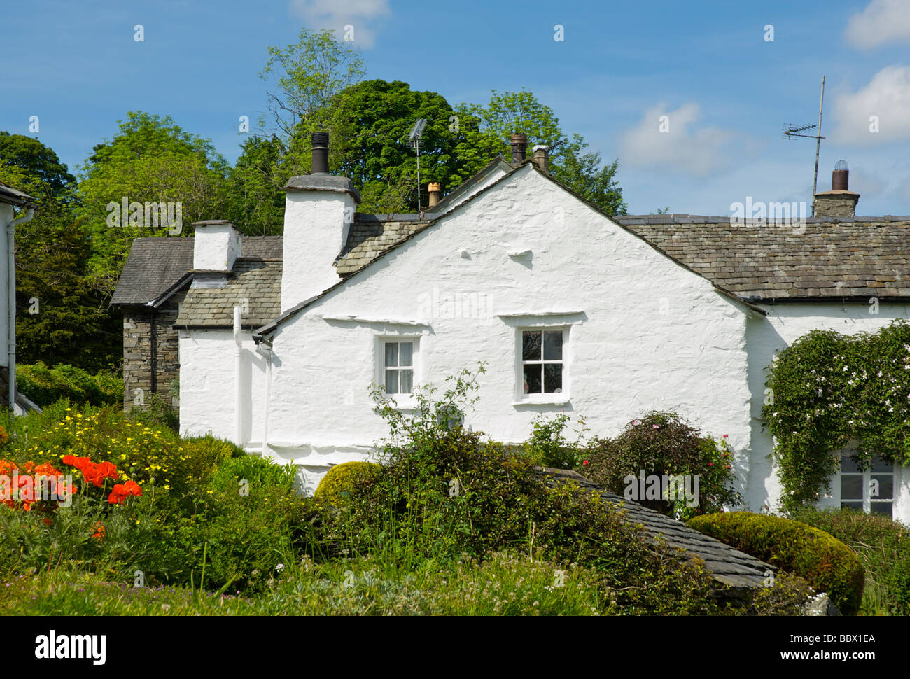 Old whitewashed houses in the village of Troutbeck, Lake District National Park, Cumbria, England UK Stock Photo